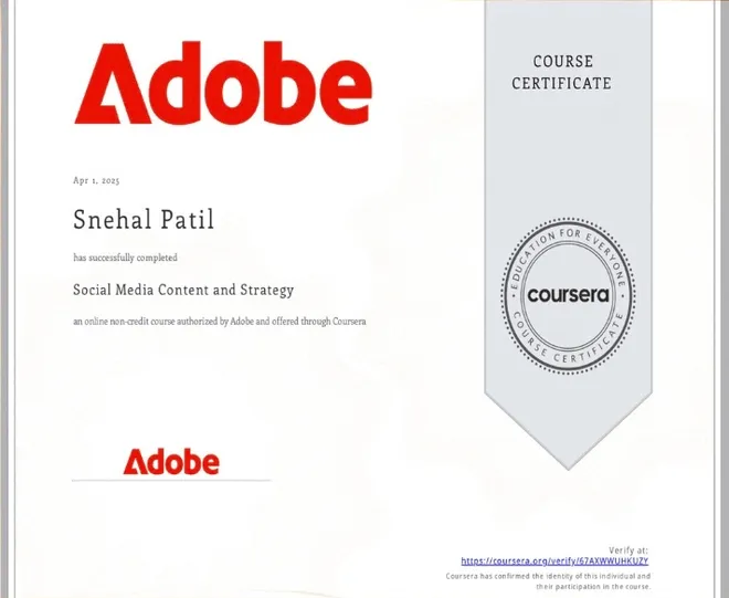 Certificate: Social Media Content and Strategy, Adobe, Coursera