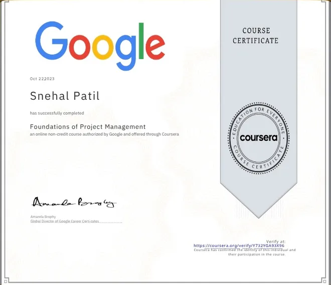Certificate: Foundations of Project Management, Google, Coursera