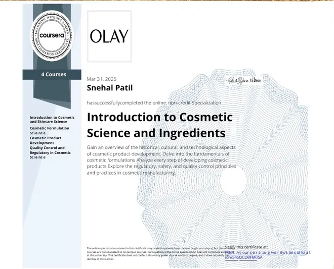 Certificate: Introduction to Cosmetic Science and Ingredients, OLAY, Coursera Specialization