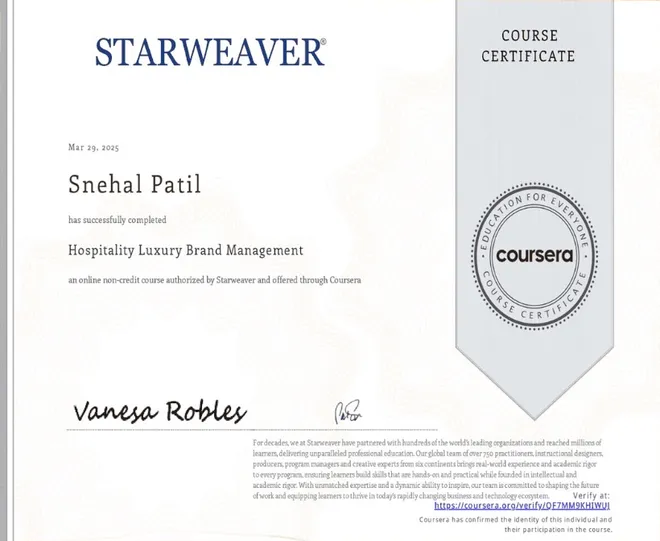 Certificate: Hospitality Luxury Brand Management, Starweaver, Coursera