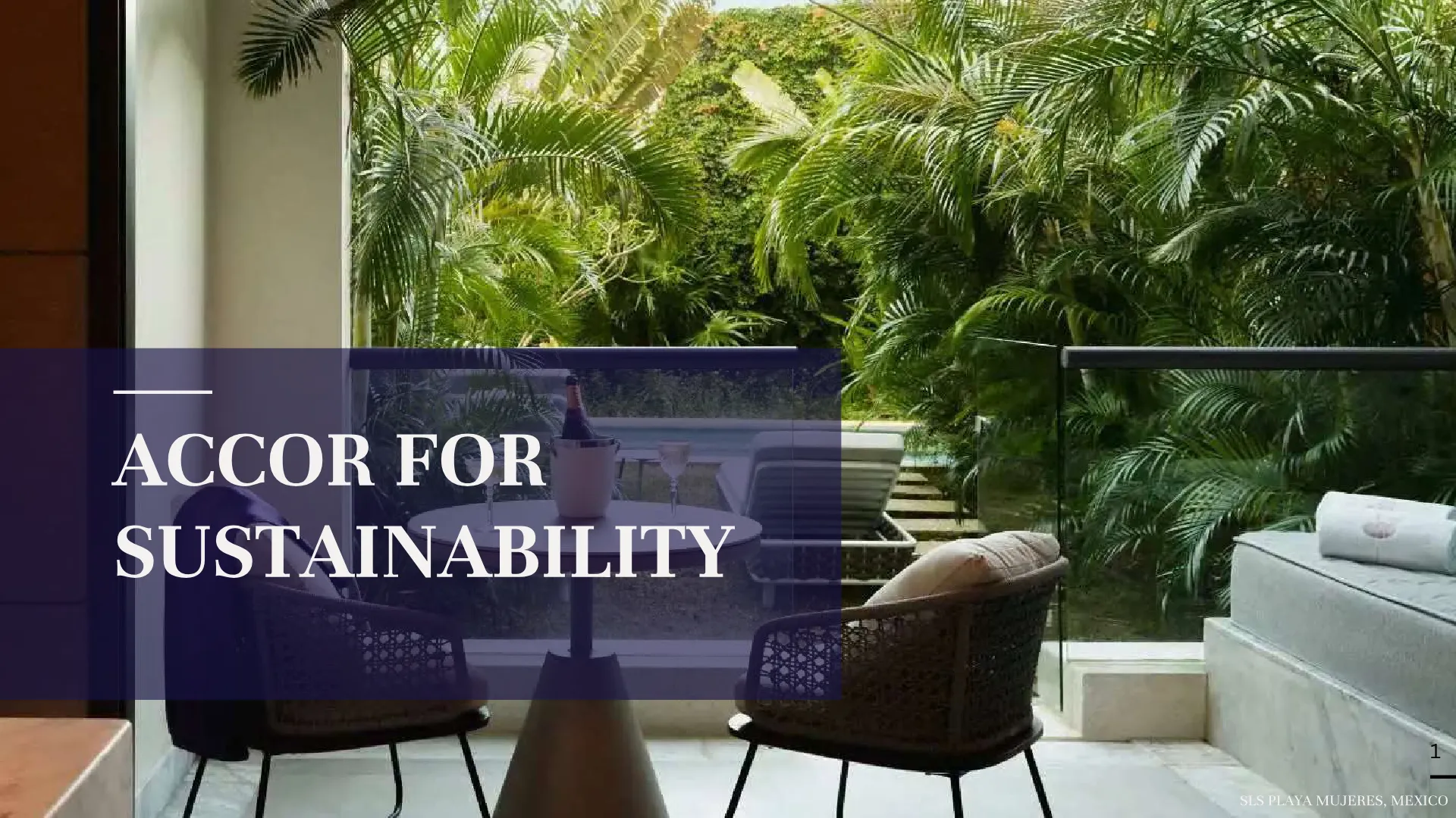 Cover of the deck: “Accor for Sustainability”, over a terrace with tropical planting