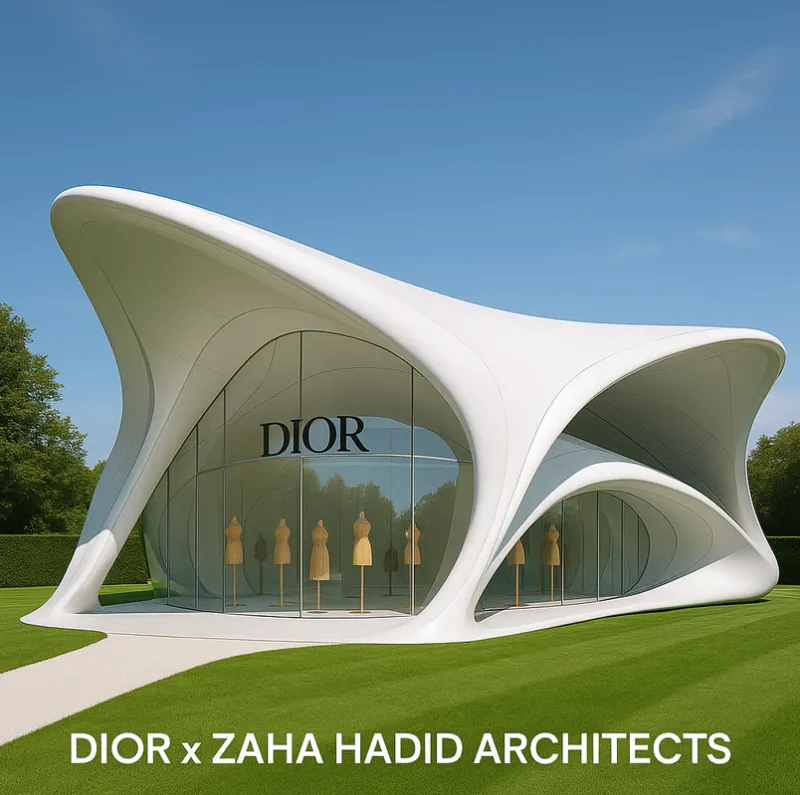 Illustration of the proposed Dior × Zaha Hadid Architects concept: a curving white pavilion
