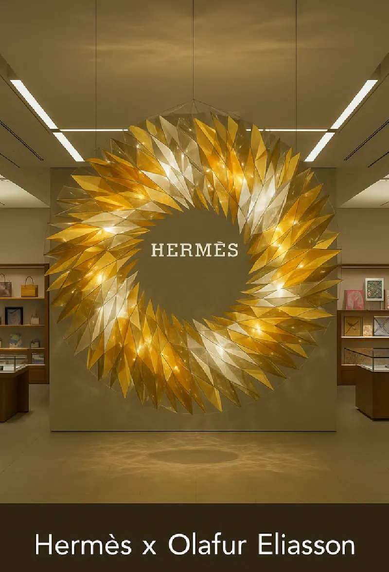 Illustration of the proposed Hermès × Olafur Eliasson exhibition: a golden sunburst installation