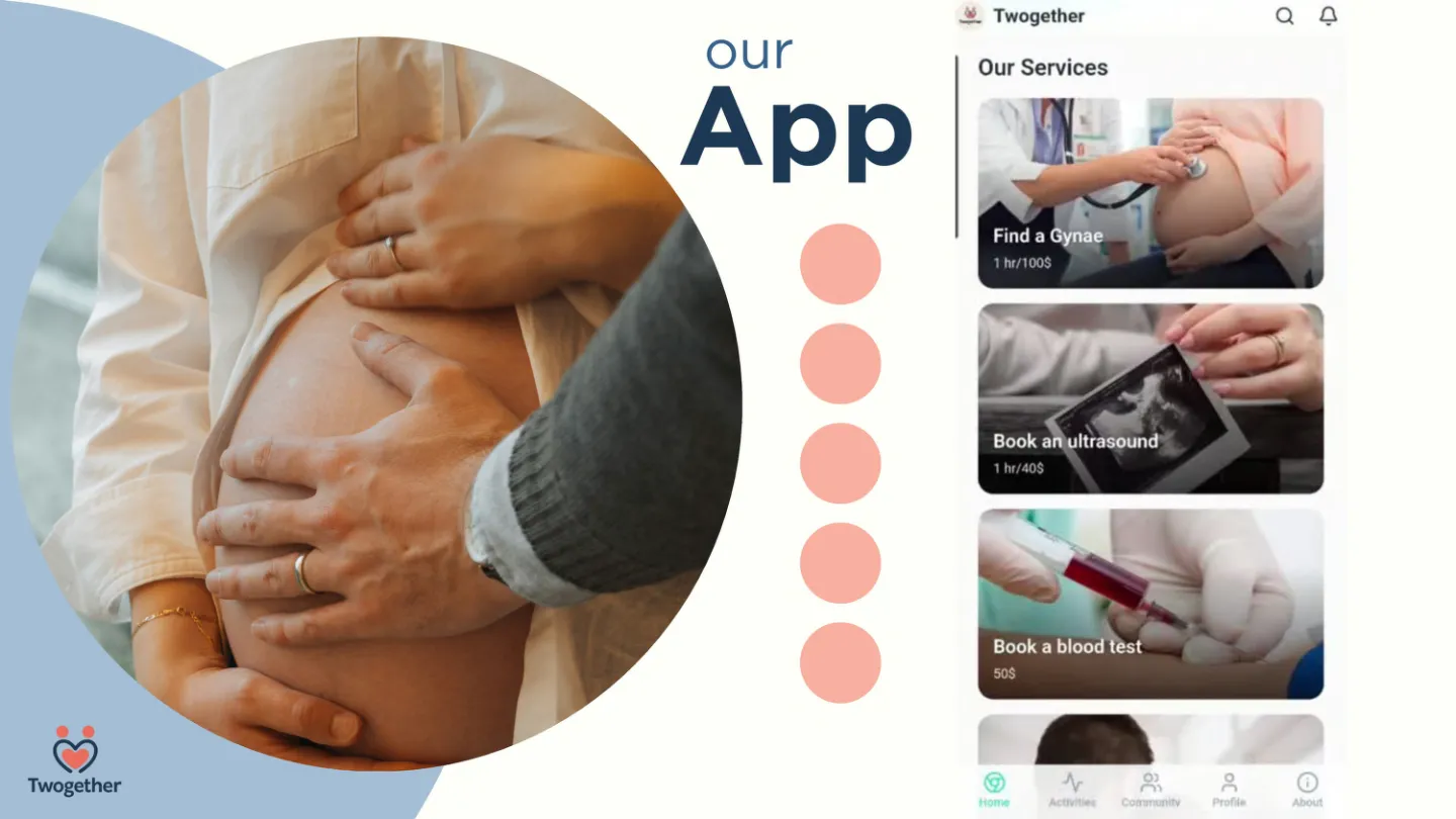 Twogether app concept: service screens (find a gynaecologist, book an ultrasound, book a blood test)