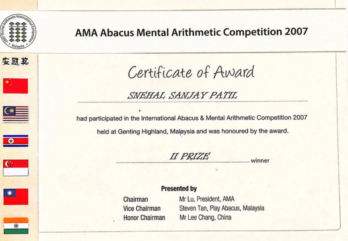 Certificate of Award, AMA Abacus Mental Arithmetic Competition 2007: Snehal Sanjay Patil, “II Prize winner”