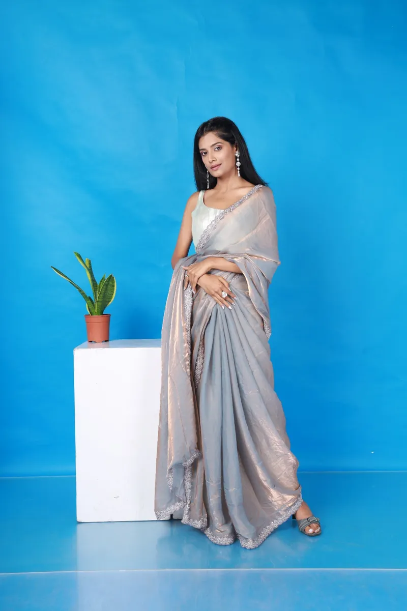 Snehal Patil in a grey saree against a blue backdrop